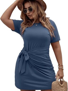 Women's Blue Tie-Waist Short Sleeve Dress